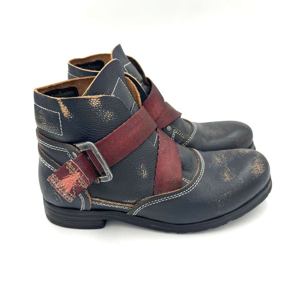Fly London Women Black Distressed Leather Burgundy Strap Ankle Boots Size 37 - Picture 2 of 5